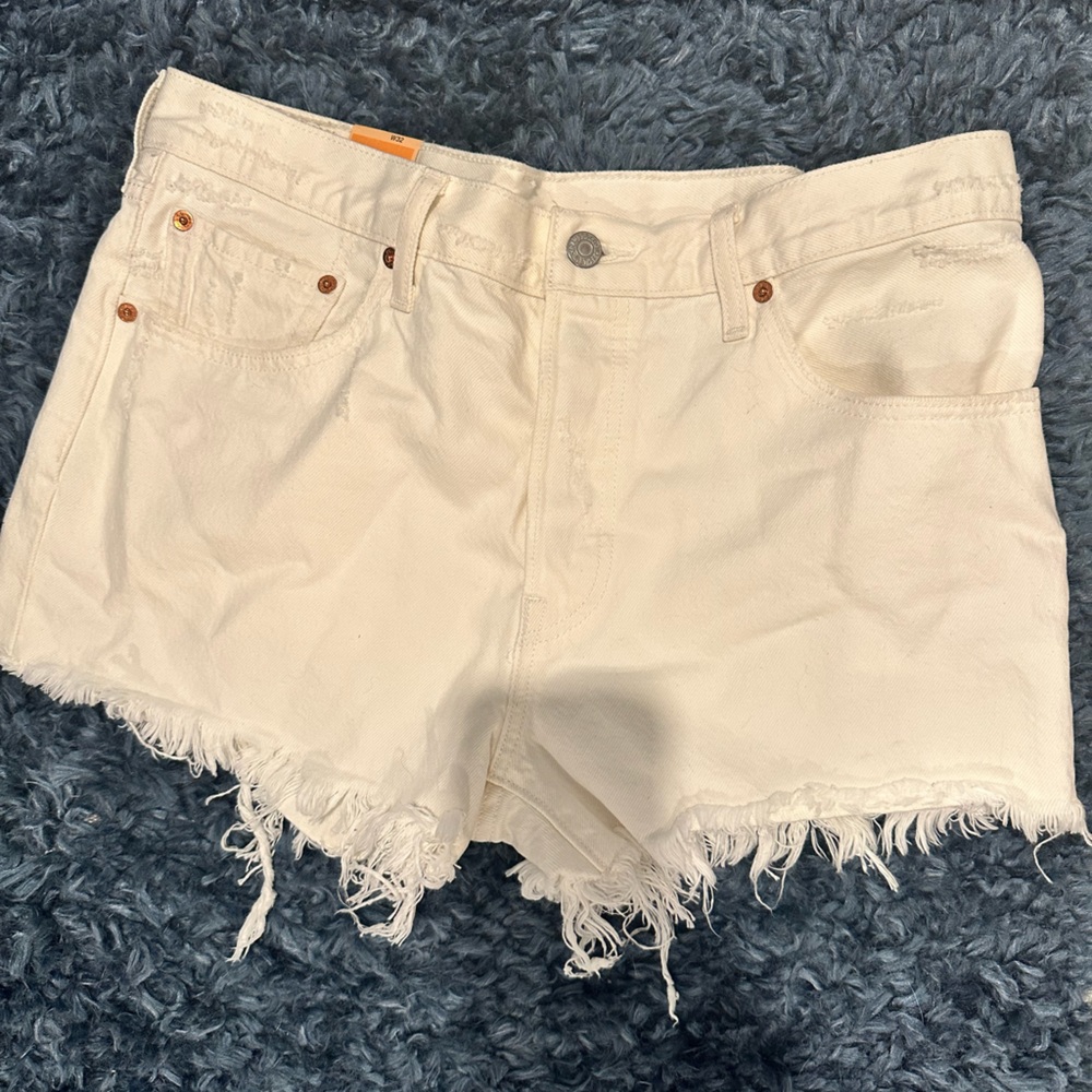 Levi’s 501 Button Fly Shorts White Denim Fray Hem